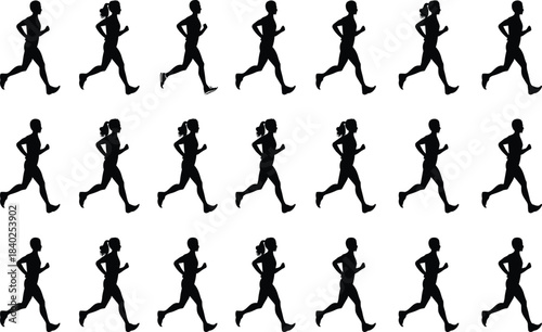 Silhouette person running, motion sequence grid, black human figure, physical activity pose, vector illustration, isolated on white background, animation frame