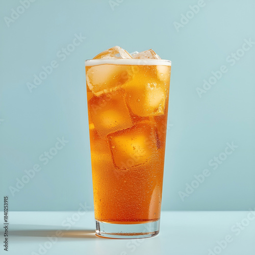 Refreshing orange soda in a tall glass with ice cubes, isolated on solid pastel background.