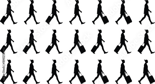 Silhouette person walking, pulling suitcase, travel motion pose, black human figure grid, vector illustration, isolated on white background, journey concept