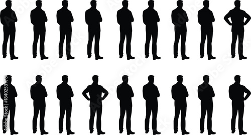 Silhouette people standing, arms crossed or on hips, black human figure grid, individuality concept, vector illustration, isolated on white background