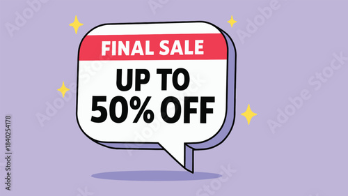 Final Sale Promotion Icon – Speech Bubble with “Final Sale” Banner and “Up to 50% Off” Text on Purple Background