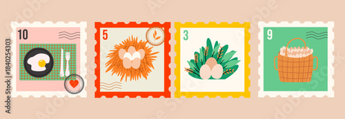 Stamps with different eggs. Culinary cards. Hand drawn vector design.
