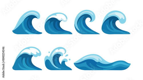 Ocean wave set, flat vector illustration, blue water, sea, crest, ocean
