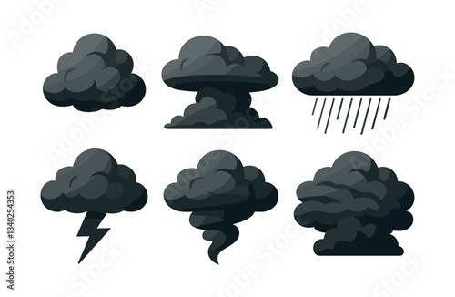 Weather icons set, clouds and storms, flat vector illustration