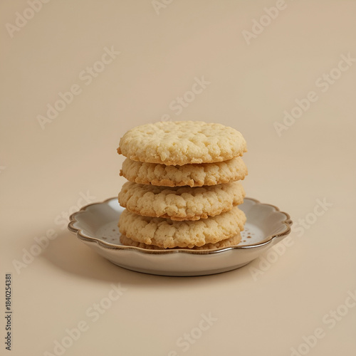 Crispy butter cookies neatly stacked on a small ceramic plate, warm beige background.