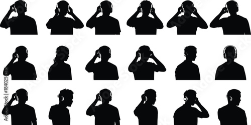 Silhouette people talking, phone call gesture, communication pose, black human figures, isolated vector art, mobile usage, body language, white background