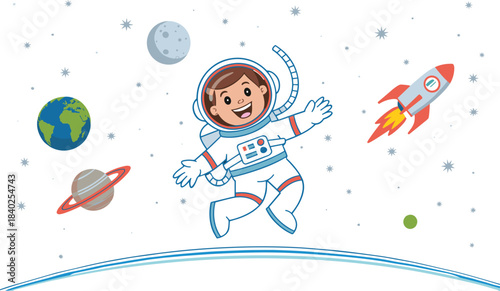 Cartoon child astronaut floating in space illustration, rocket, planets, stars, Earth, Moon, Saturn, adventure, exploration, vector graphic