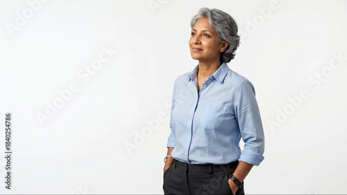 Confident & Thoughtful Senior Woman with Grey Hair in Blue Shirt, Standing with Hands in Pockets on White Background, Looking Away