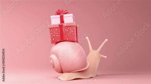 A snail carrying a stack of gift boxes on its shell.