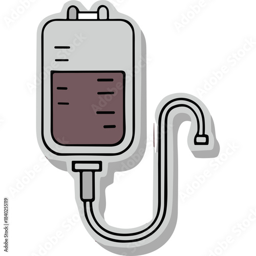Simple Line Art Drawing of a Medical IV Bag Filled with Dark Liquid Connected to Tubing and a Drip Chamber on a Black Background