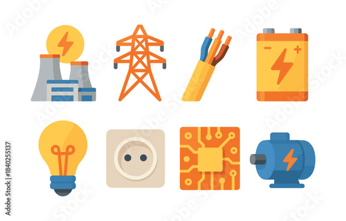 Energy sources and technology, flat vector illustration, power, electricity, circuits
