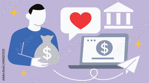 Digital Finance & Connection Icon – Person with Money Bag, Laptop, Heart Bubble, Paper Airplane, and Bank Symbol on Light Purple Background