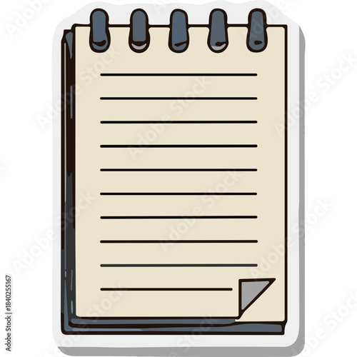 Simple Lined Notebook with Spiral Binding and Dog-Eared Corner Featuring Beige Paper and Gray Binding Elements on a White Background