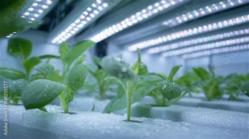 Young green plants are growing under LED grow lights.