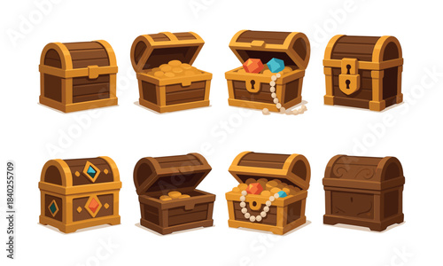 Treasure chest set with coins and gems, flat vector illustration, game icons