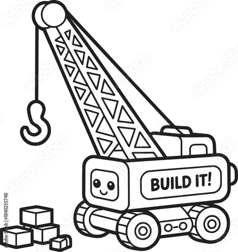 Cute cartoon crane toy with building blocks ready for construction fun