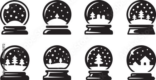 Eight black and white snow globe icons depicting winter scenes with trees and houses snow globes holiday