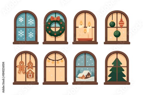 Holiday window display, christmas scenes, candles, flat vector illustration