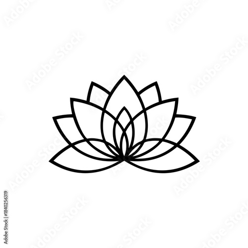 Stylized black lotus flower outline on white background, representing peace, enlightenment, and spiritual growth. isolated on transparent background