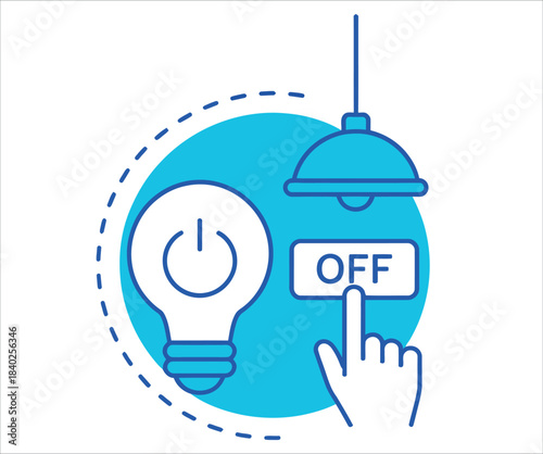 Energy Saving Thin Line Vector Illustration. Icon showing a hand pressing 'OFF' on a switch next to a bulb and lamp. Symbolizes Smart Home, Energy Efficiency, and Electricity Control.