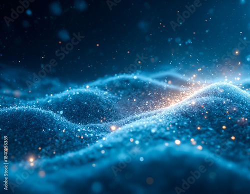 Cinematic abstract blue background with glowing gold particles, magic dust, and wavy bokeh texture.