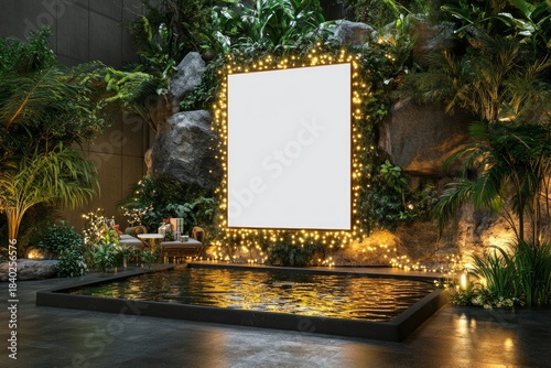 Blank Holiday Poster Above Indoor Pond in Lush Conservatory