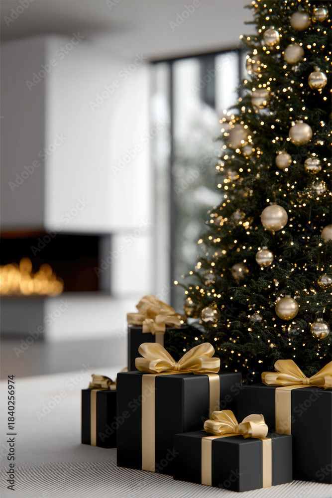 Fototapeta premium Elegant Christmas tree with gold ornaments and black gift boxes with gold ribbons in modern living room, cozy festive atmosphere