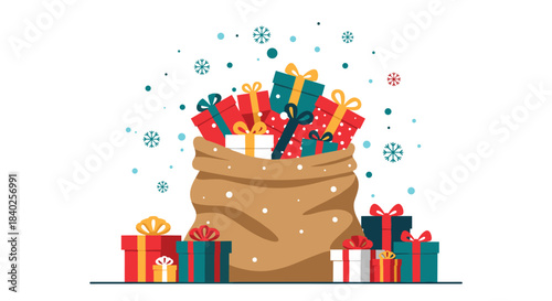 A large burlap sack filled to the brim with colorful wrapped gifts, surrounded by more presents, all beneath a flurry of festive snowflakes.