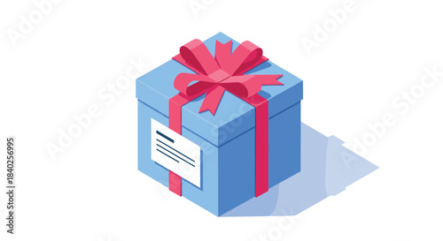 Isometric illustration of a blue gift box tied with a red ribbon and bow, featuring a white label, symbolizing presents, packages, and celebrations.