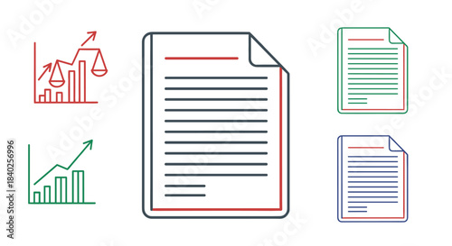 Icons representing legal and financial documents with business growth charts and justice scales, illustrating data analysis and compliance.