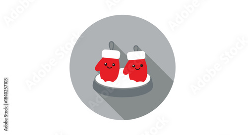 Charming cartoon red mittens with happy faces and white cuffs, standing in a pile of snow on a circular grey base with a shadow, for winter.