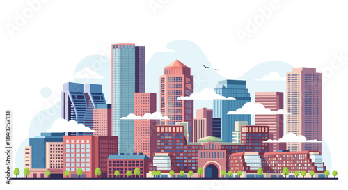A modern city skyline illustration with diverse architectural buildings, fluffy clouds, and green trees against a light sky.