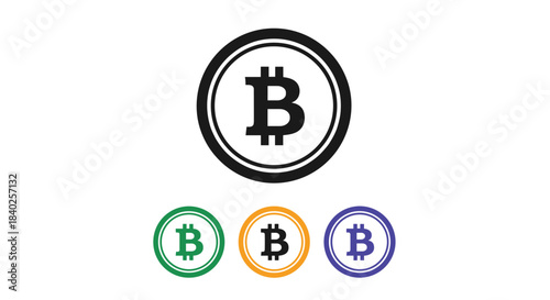 Collection of Bitcoin cryptocurrency logos in multiple colors, including a large black one and smaller green, orange, and blue versions, on a white canvas.