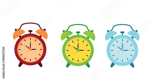 Three colorful cartoon-style alarm clocks in red, green, and blue, standing side by side, symbolizing time, wake-up, and urgency.