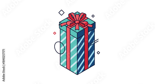 Isometric gift box with teal and blue stripes, topped with a red bow, surrounded by minimalist geometric festive elements.