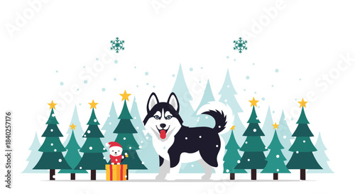 A cheerful Siberian Husky stands proudly in a whimsical snowy forest decorated with festive Christmas trees and a tiny bear with a gift.
