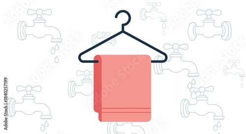 A pink towel on a hanger surrounded by dripping water taps, representing laundry, drying, and the critical importance of water conservation.