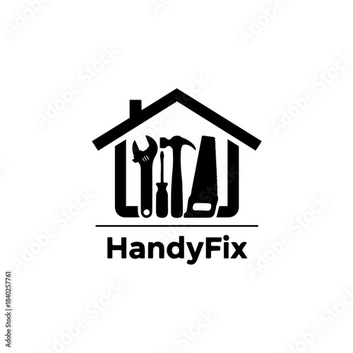 Home repair tools logo: wrench, screwdriver, hammer, saw inside house silhouette with text handyfix isolated on transparent background