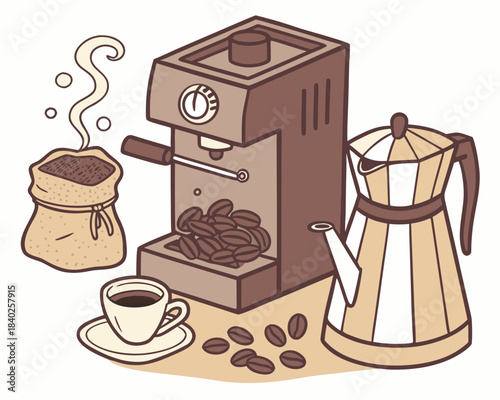 Espresso machine, coffee beans, moka pot, and steaming coffee bag illustration