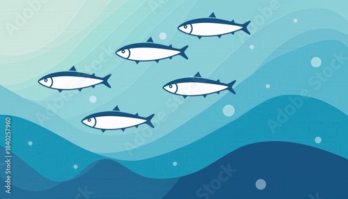 Group of blue and white fish swimming together in a simple cartoon ocean scene with waves and bubbles