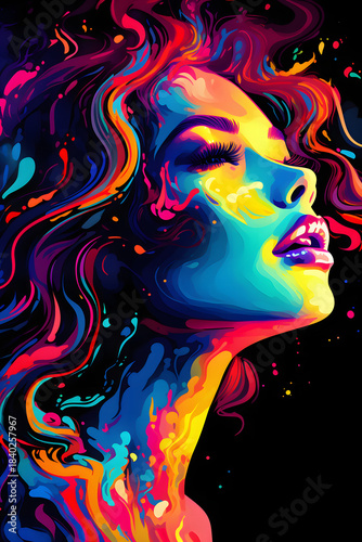 Neon portrait of a woman with paint drips 