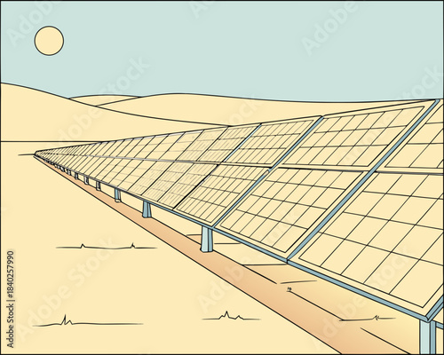 Large solar panel farm in a desert landscape under the sun