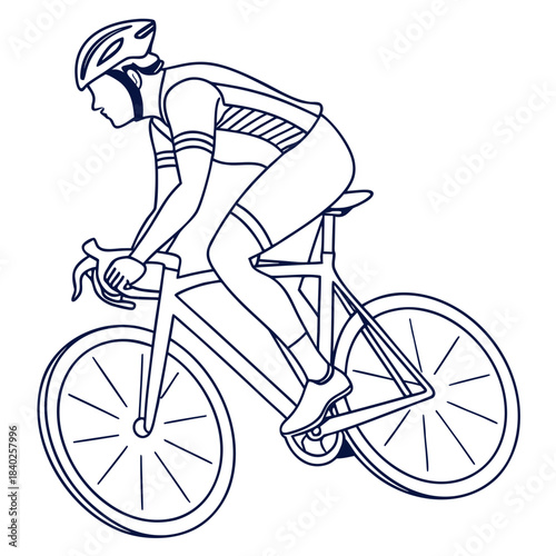 Line art illustration of a cyclist wearing a helmet riding a road bike