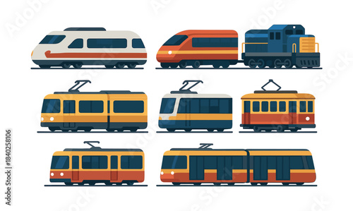Train vector illustration, flat vector with locomotives, carriages, and rail transport
