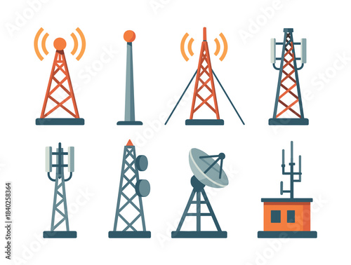 Telecommunications towers and antennas collection, flat vector illustration