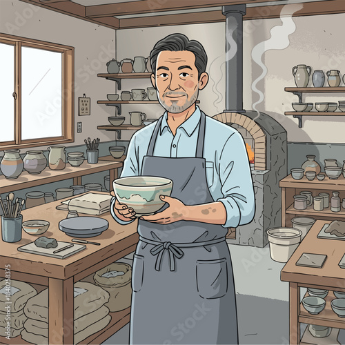 Vector illustration of a potter holding a handmade bowl in a ceramics workshop with kiln and pottery tools.