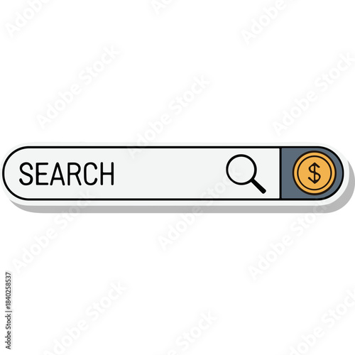 Simple Search Bar Graphic with magnifying glass icon and dollar sign coin on right side on a black background