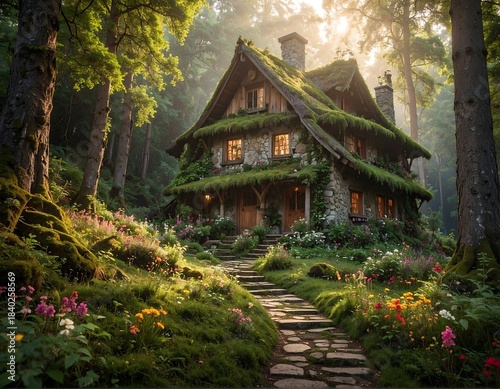 Moss-covered stone cottage nestled in a sunlit forest with stone path and blooming wildflowers in a lush setting