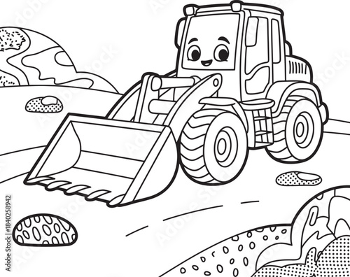Friendly cartoon front loader coloring page for kids construction vehicle fun