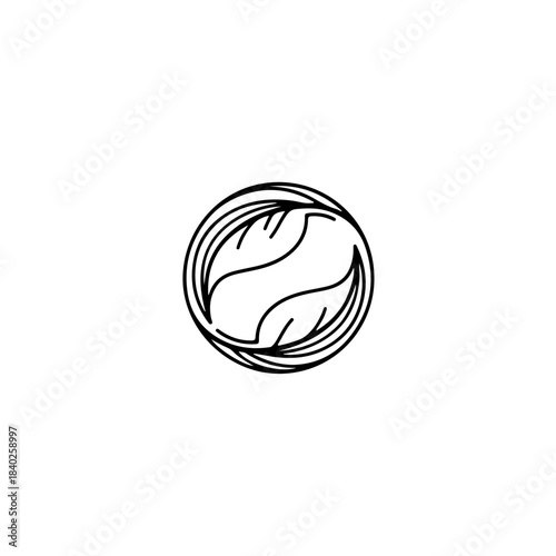 Black and white yin yang symbol with two leaves intertwined in a circular design, representing balance and nature isolated on transparent background